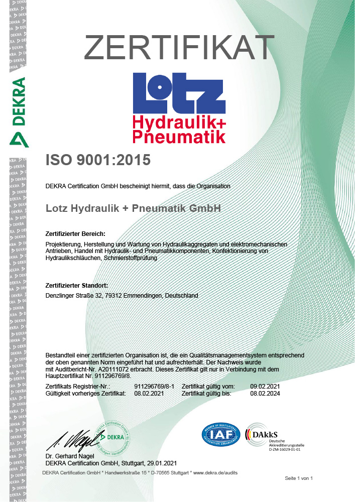 Lotz Hydaulik + Pneumatik GmbH ISO Zertifikat